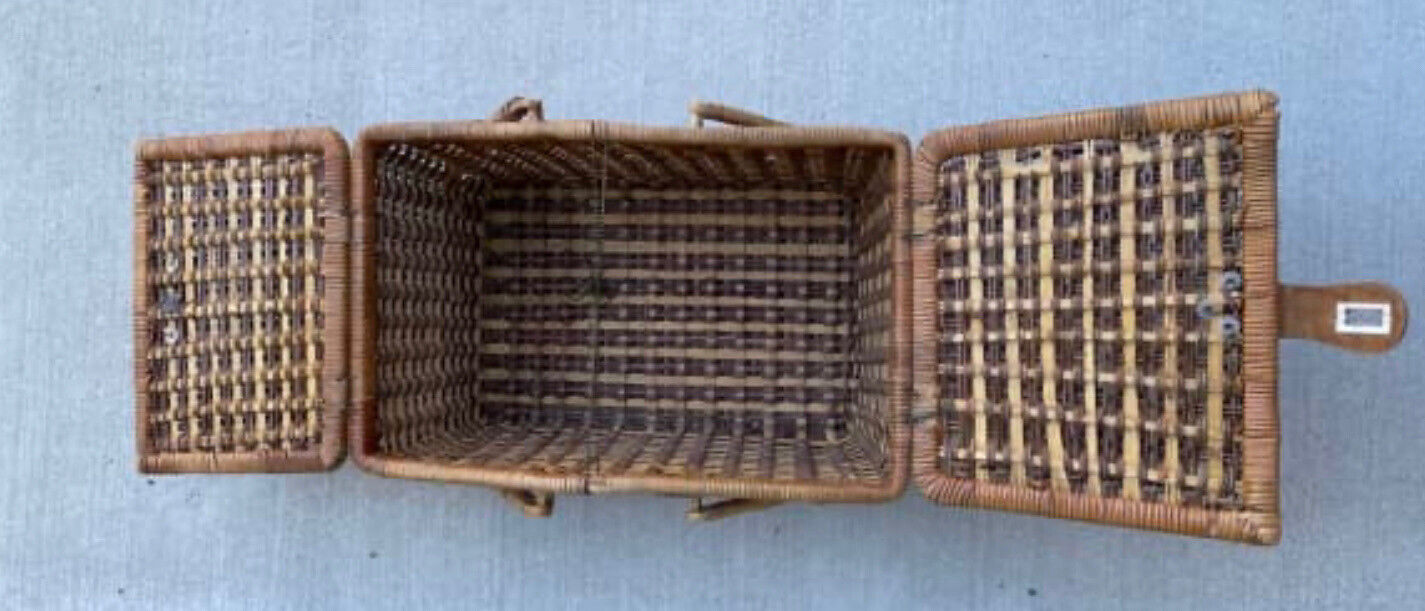 Vintage Picnic Basket 41.5cm Woven Wicker BAMBOO Split Cane Hamper 2 tone AE50