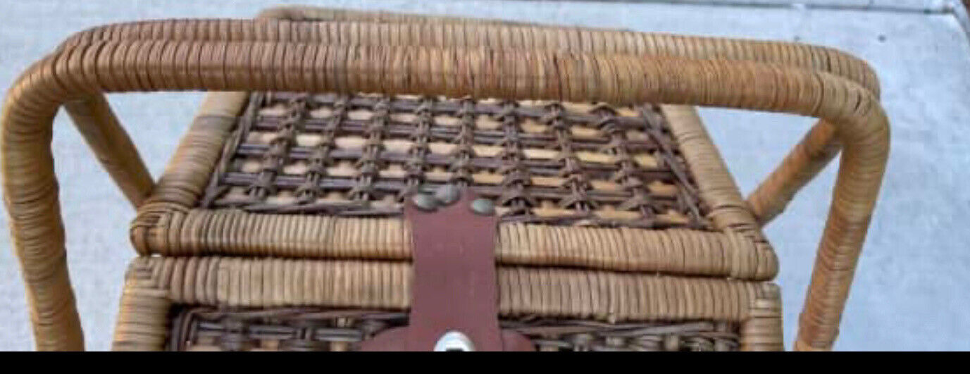 Vintage Picnic Basket 41.5cm Woven Wicker BAMBOO Split Cane Hamper 2 tone AE50
