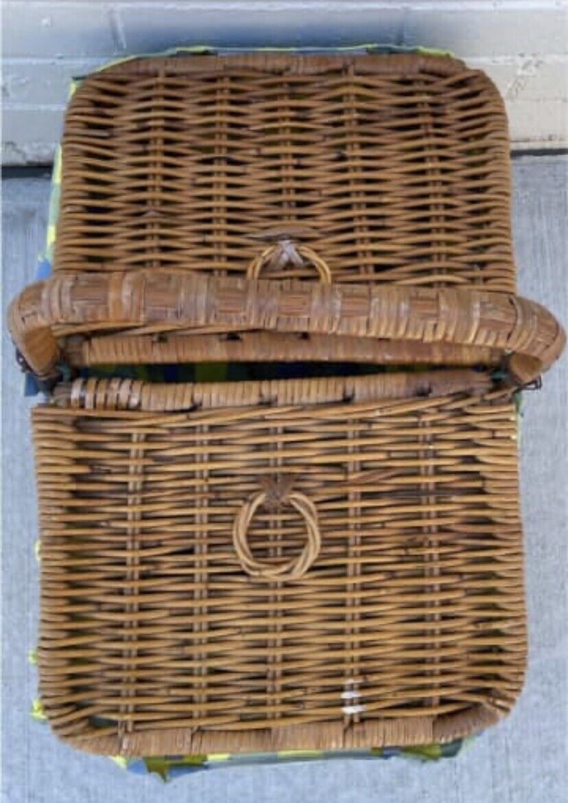 Vintage Picnic Basket 54cm BAMBOO CANE HAMPER French check Fabric liner AE48