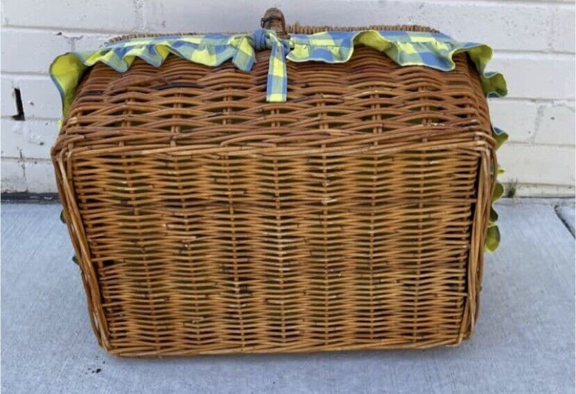 Vintage Picnic Basket 54cm BAMBOO CANE HAMPER French check Fabric liner AE48