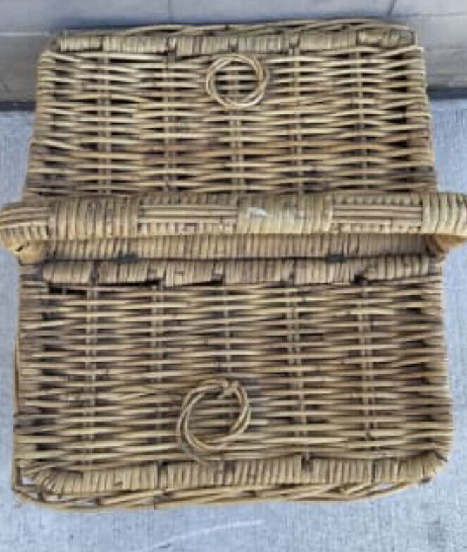 Vintage Picnic Basket HAMPER 42cm BAMBOO CANE FRENCH ENGLISH Style Storage AE51