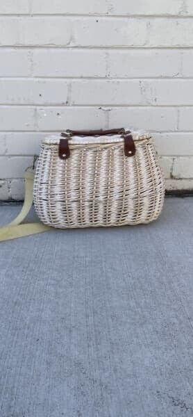 Picnic Basket White Wash Cane Saddle Bag Style 2 Person Hamper Shoulder Bag AE56