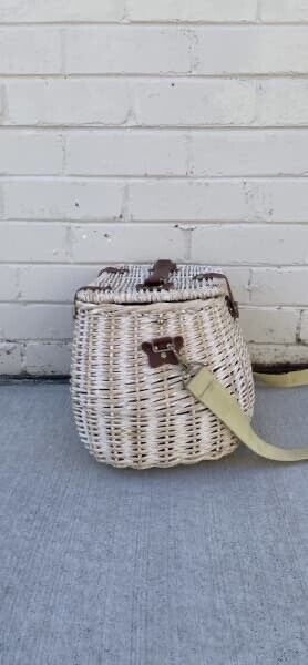 Picnic Basket White Wash Cane Saddle Bag Style 2 Person Hamper Shoulder Bag AE56