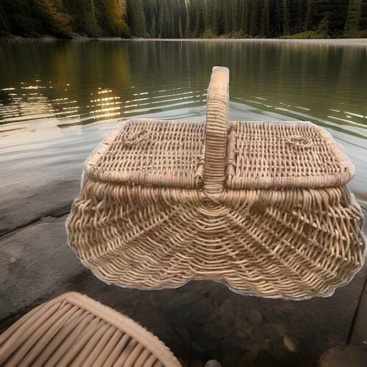 Vintage Picnic Basket HAMPER 60cm BAMBOO CANE FRENCH ENGLISH Style Storage DE