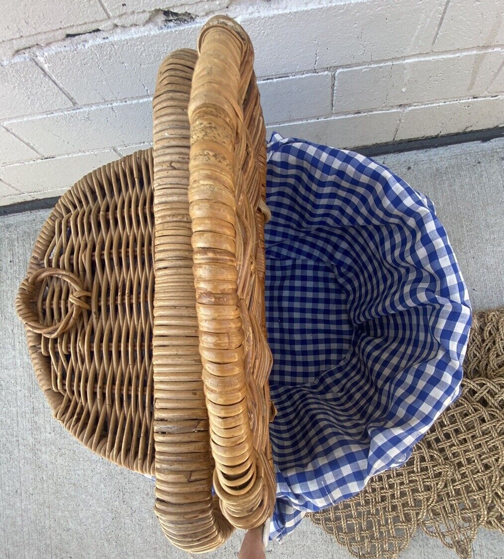 Vintage Picnic Basket 47cm Bamboo Cane French  Check Liner Display Storage E131