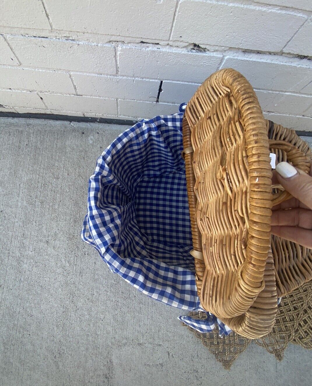 Vintage Picnic Basket 47cm Bamboo Cane French  Check Liner Display Storage E131