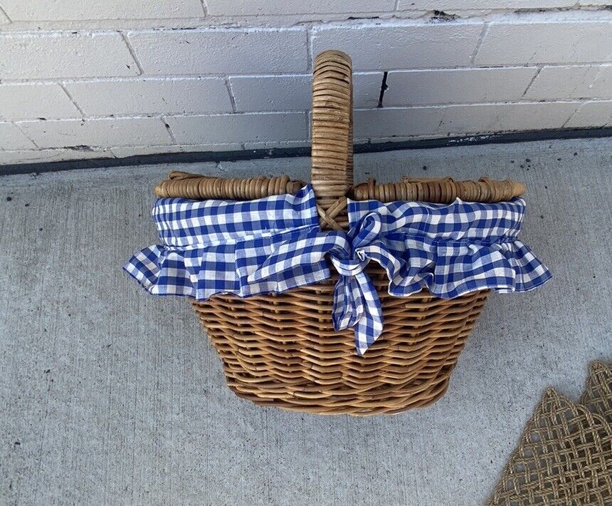 Vintage Picnic Basket 47cm Bamboo Cane French  Check Liner Display Storage E131