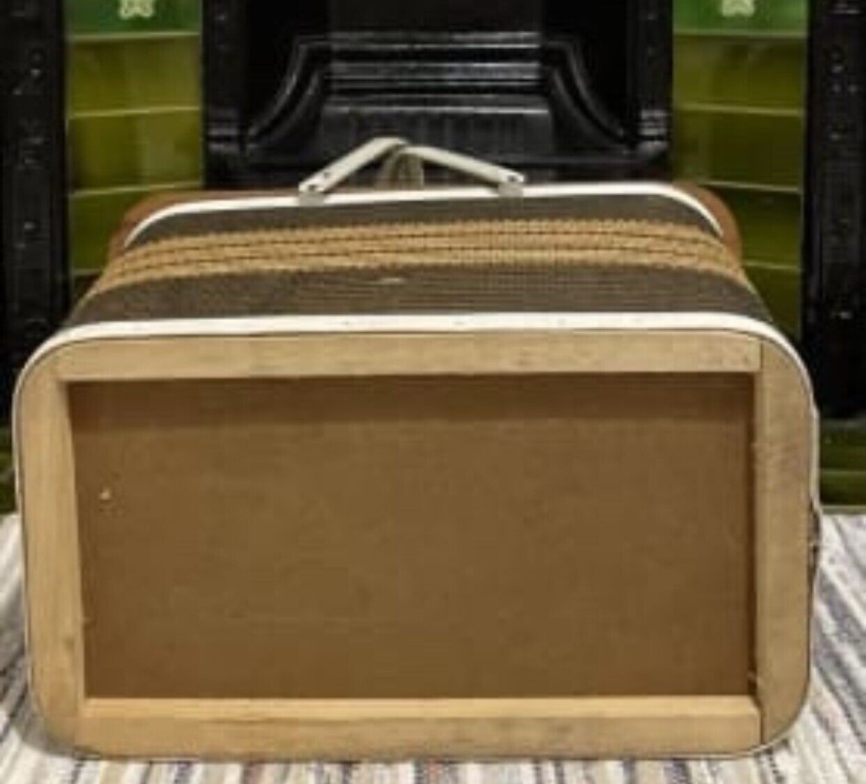 REDMON Picnic Basket Tartan Stripe Wood Lid Metal Handle Made USA Vintage AE125
