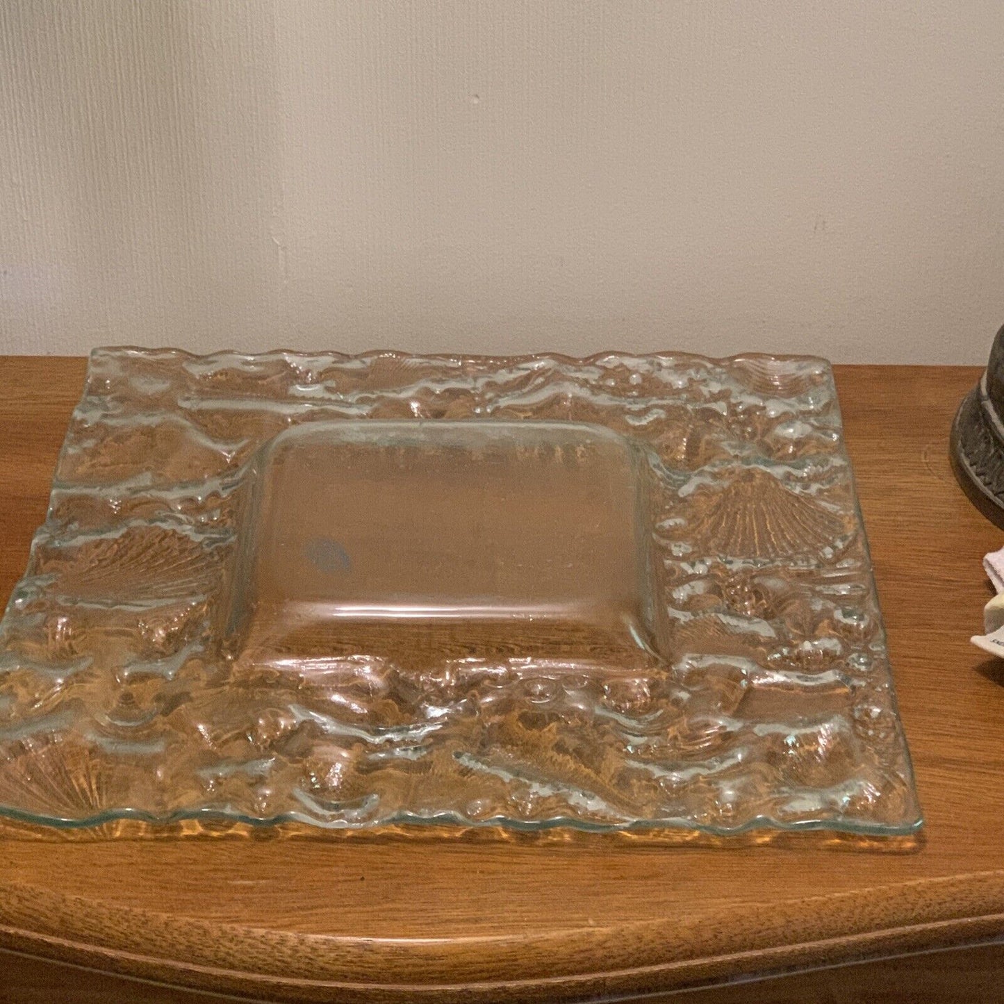 Art Glass 29.5cm Shell Square Plate Slumped Obsidian Green Glass Suits Ikebana