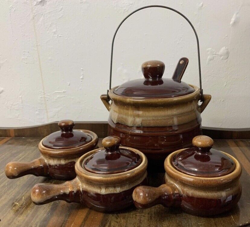 Pottery Taiwan 6 Piece 1x Casserole Pot & 5 Lidded Bowls W Handle Lava Drip NEW