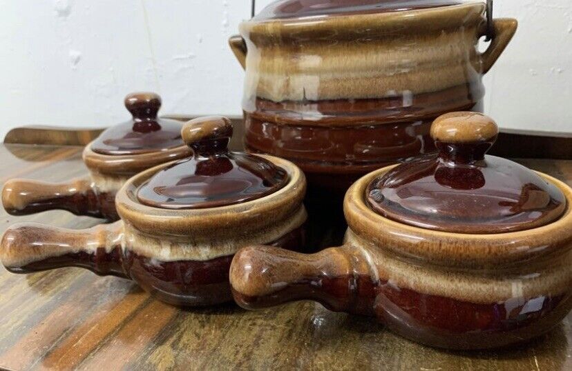 Pottery Taiwan 6 Piece 1x Casserole Pot & 5 Lidded Bowls W Handle Lava Drip NEW