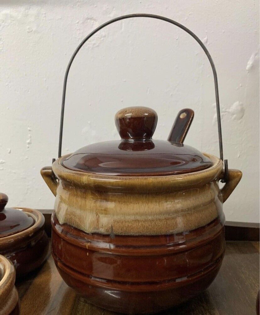 Pottery Taiwan 6 Piece 1x Casserole Pot & 5 Lidded Bowls W Handle Lava Drip NEW