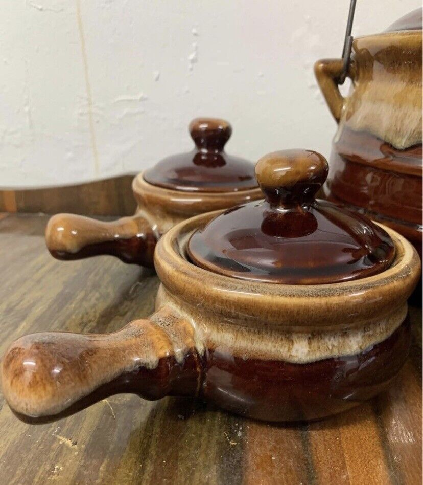Pottery Taiwan 6 Piece 1x Casserole Pot & 5 Lidded Bowls W Handle Lava Drip NEW