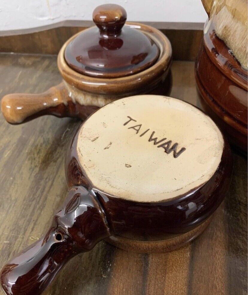Pottery Taiwan 6 Piece 1x Casserole Pot & 5 Lidded Bowls W Handle Lava Drip NEW