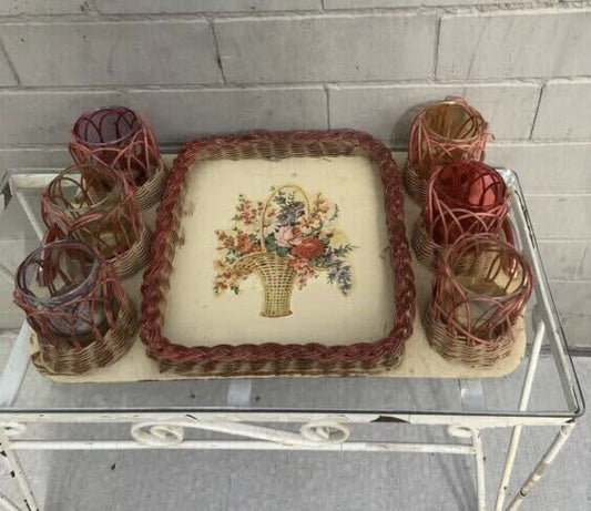 1950’s Wicker Tray Glass Holders Set Bakelite handles 6 handmade colour glasses