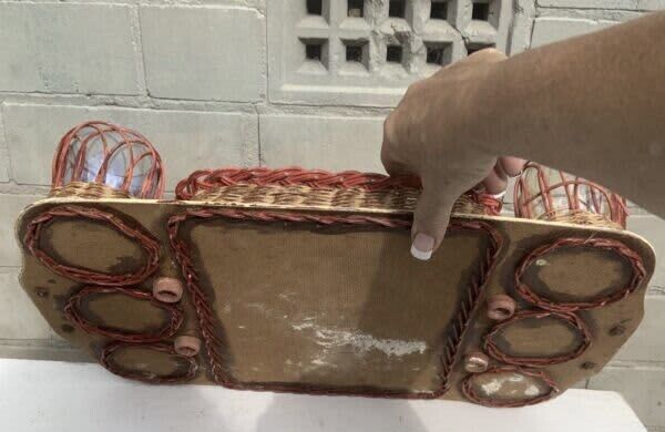 1950’s Wicker Tray Glass Holders Set Bakelite handles 6 handmade colour glasses