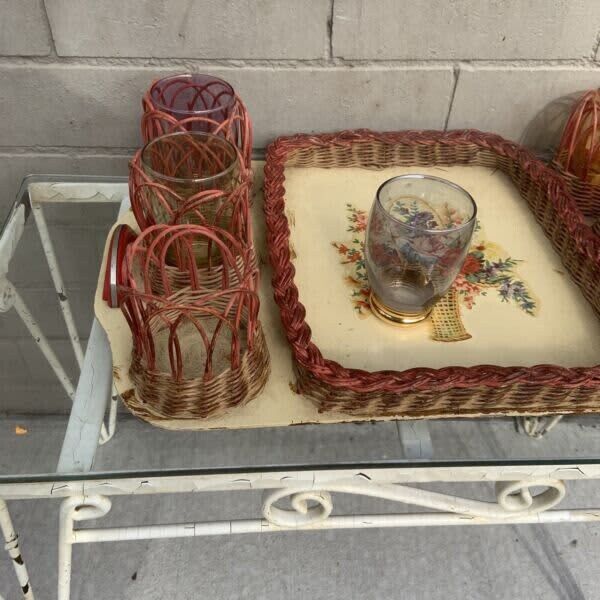 1950’s Wicker Tray Glass Holders Set Bakelite handles 6 handmade colour glasses
