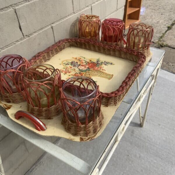 1950’s Wicker Tray Glass Holders Set Bakelite handles 6 handmade colour glasses