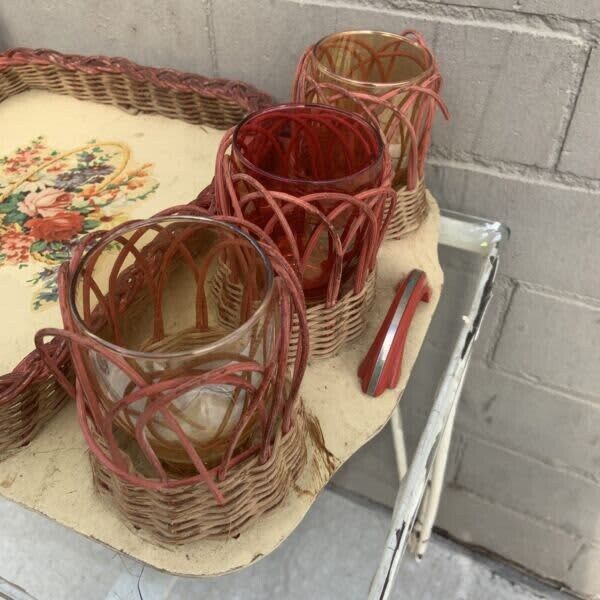 1950’s Wicker Tray Glass Holders Set Bakelite handles 6 handmade colour glasses