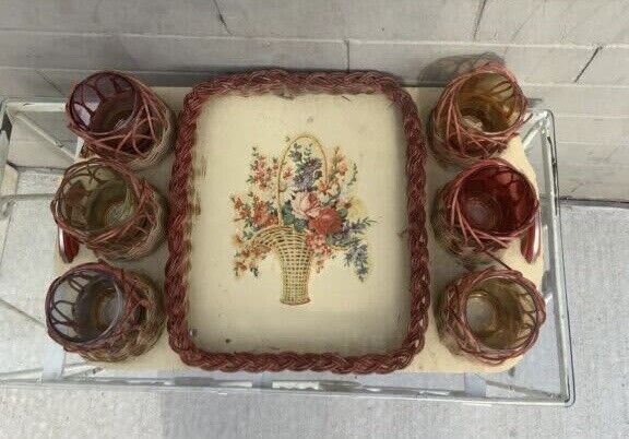 1950’s Wicker Tray Glass Holders Set Bakelite handles 6 handmade colour glasses