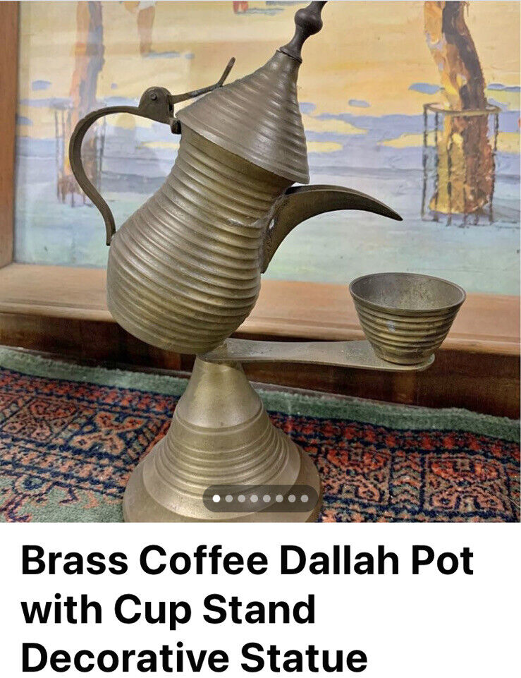 Vintage Dallah Coffee Pot 20cm Brass Dubai Al Jaber w Cup Display