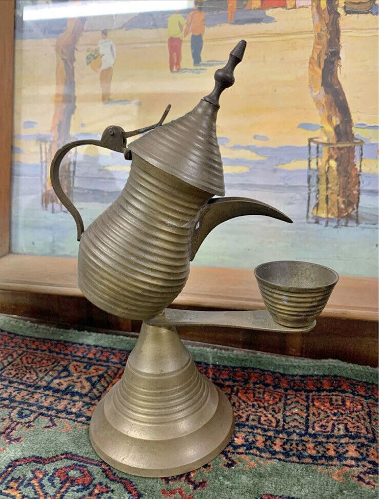 Vintage Dallah Coffee Pot 20cm Brass Dubai Al Jaber w Cup Display