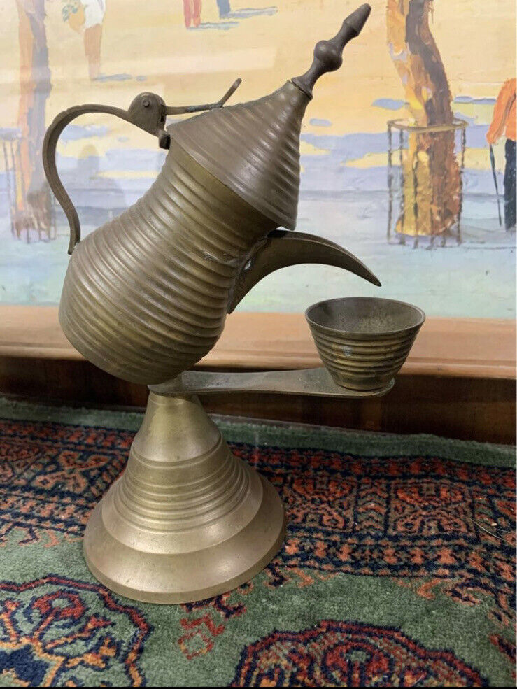 Vintage Dallah Coffee Pot 20cm Brass Dubai Al Jaber w Cup Display
