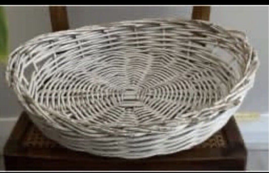 Rustic CANE BASKET 47cm Thick Wicker Tray White Wash Round w Side Handles AE150