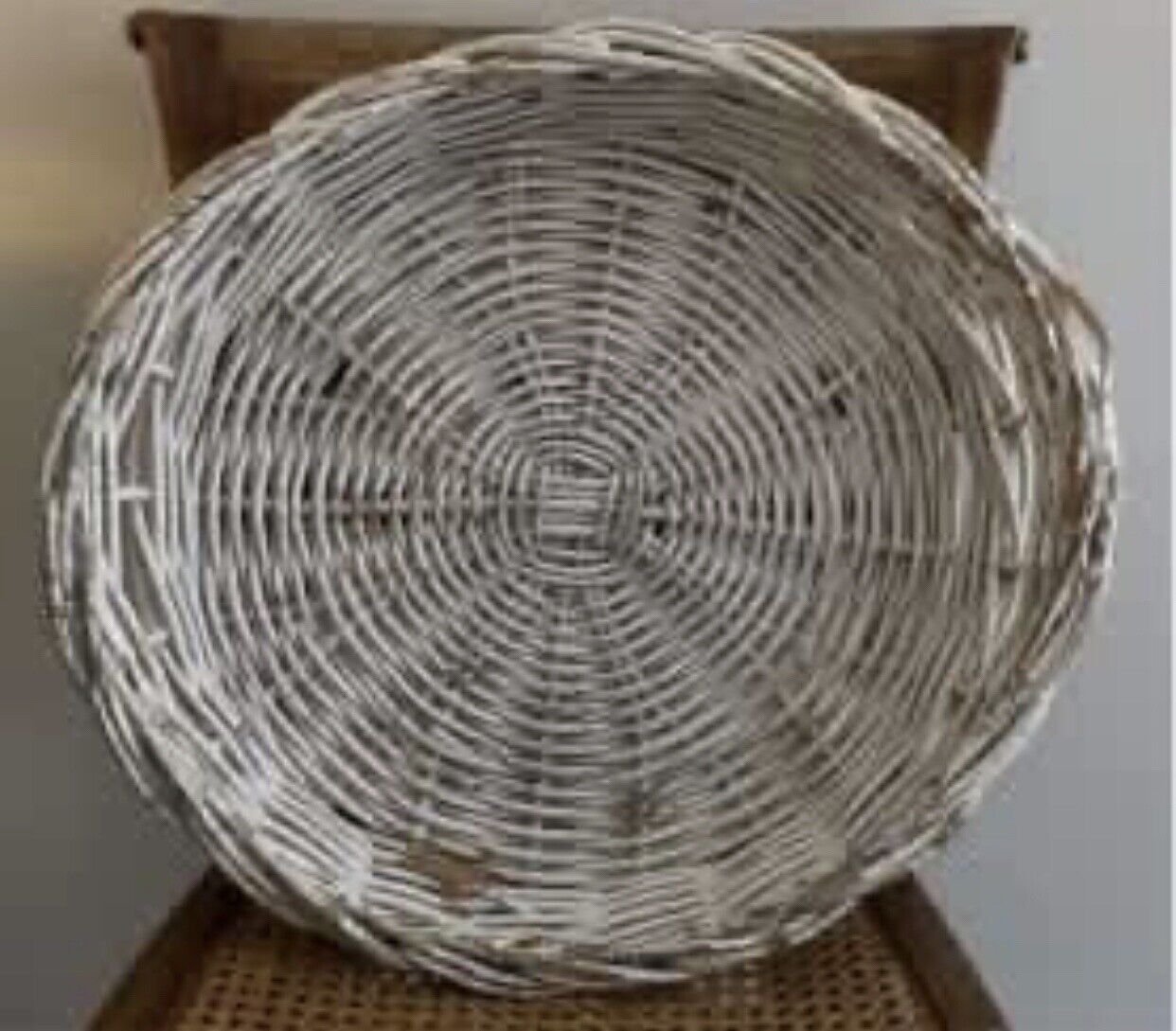 Rustic CANE BASKET 47cm Thick Wicker Tray White Wash Round w Side Handles AE150