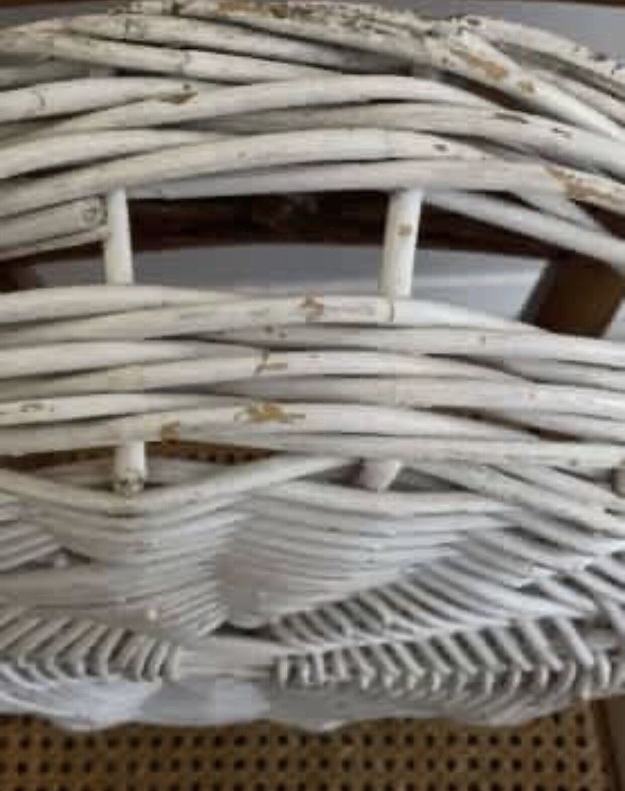 Rustic CANE BASKET 47cm Thick Wicker Tray White Wash Round w Side Handles AE150