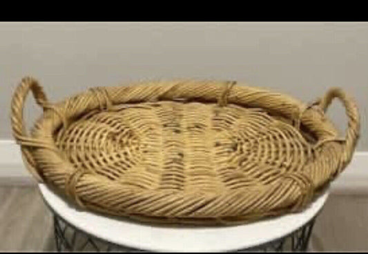 Cane Serving Tray Basket Vintage 46cm Oval Heavy Woven Wicker Handles AE191