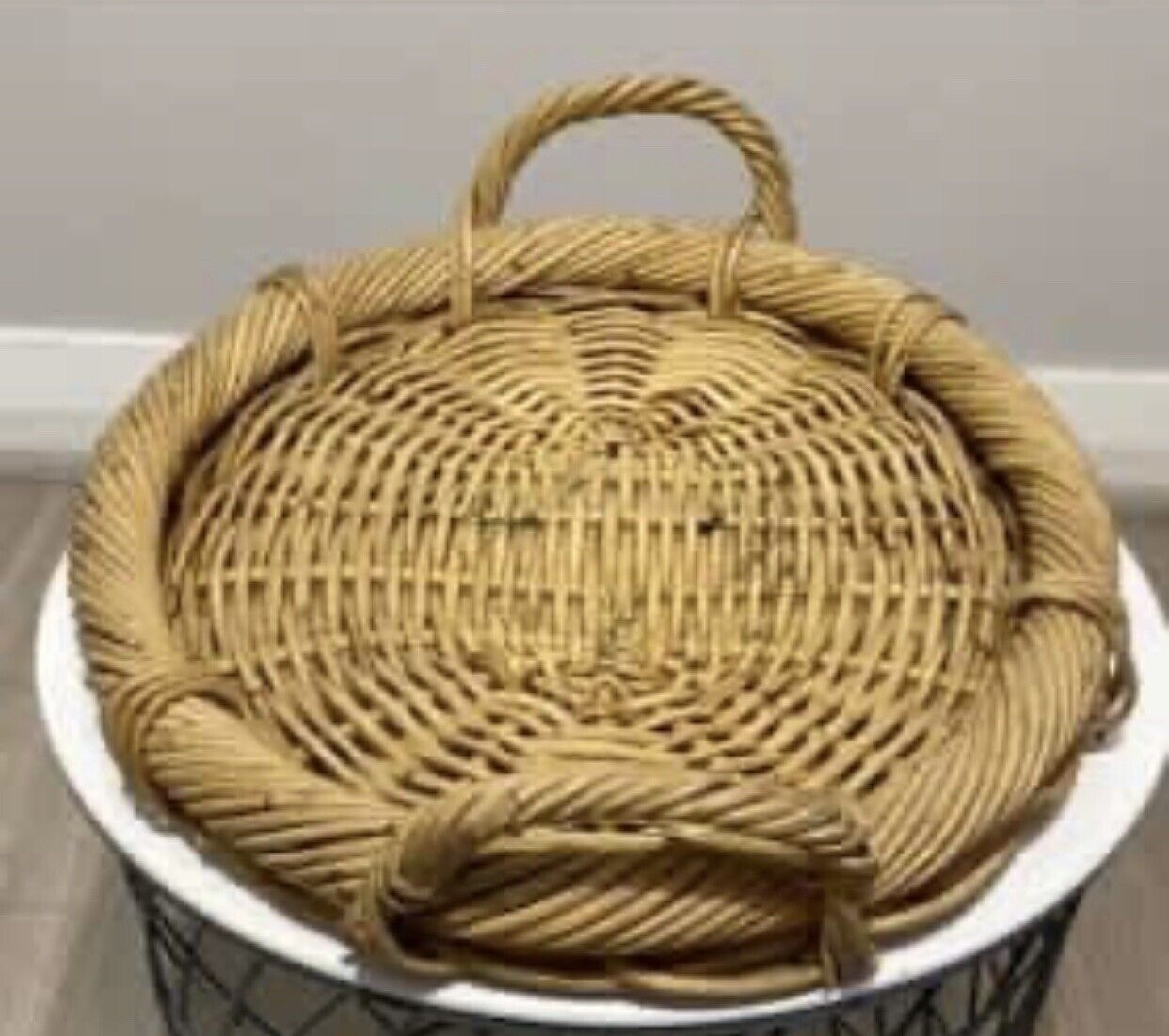 Cane Serving Tray Basket Vintage 46cm Oval Heavy Woven Wicker Handles AE191