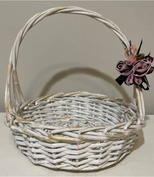 Cane Basket Distressed 34cm White Willow Flower Girl Country Floral Trim AE332