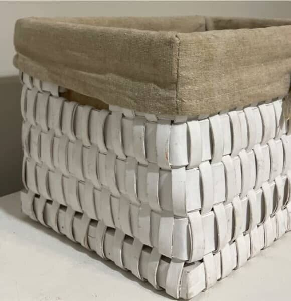 Cane Storage Basket Coastal Heavy 30.5cm White Woven Split Lined Hamper AE335