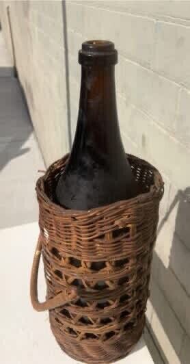Basket + Bottle Handle 32cm 1970’s Hand Woven Wicker Cane Holder Farmhouse Decor