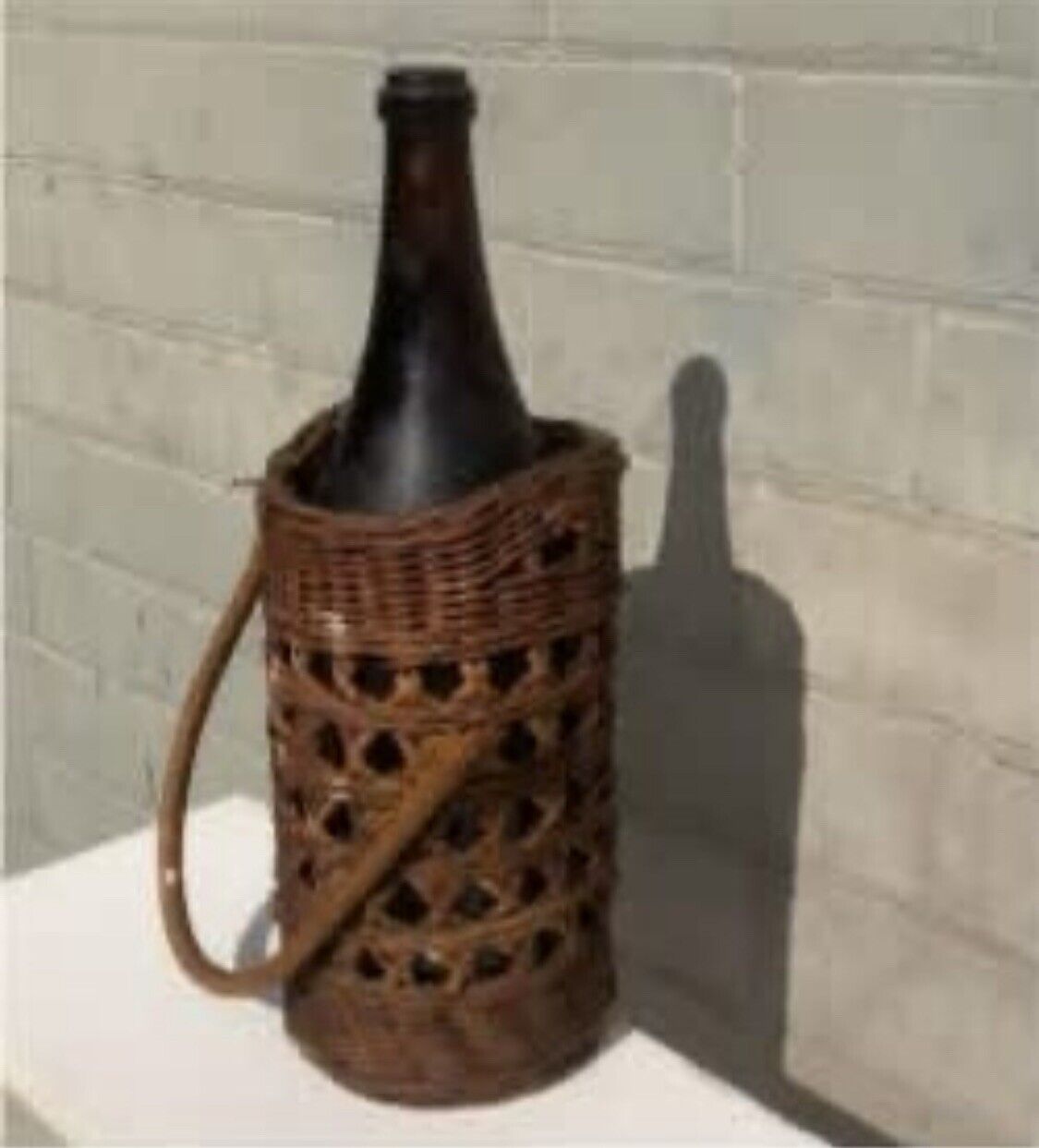 Basket + Bottle Handle 32cm 1970’s Hand Woven Wicker Cane Holder Farmhouse Decor