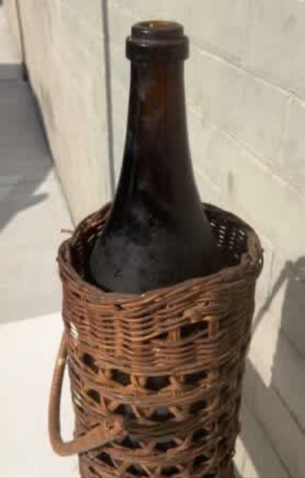 Basket + Bottle Handle 32cm 1970’s Hand Woven Wicker Cane Holder Farmhouse Decor