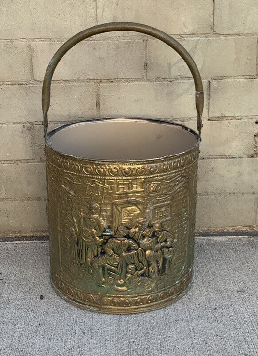 Vintage Pressed  Brass Medieval Bordello Scene Bucket Pail Hamper Plastic Lining