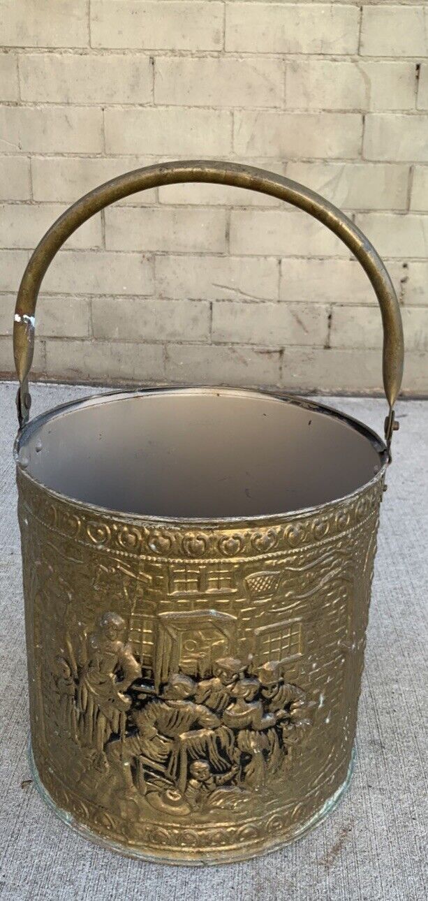 Vintage Pressed  Brass Medieval Bordello Scene Bucket Pail Hamper Plastic Lining
