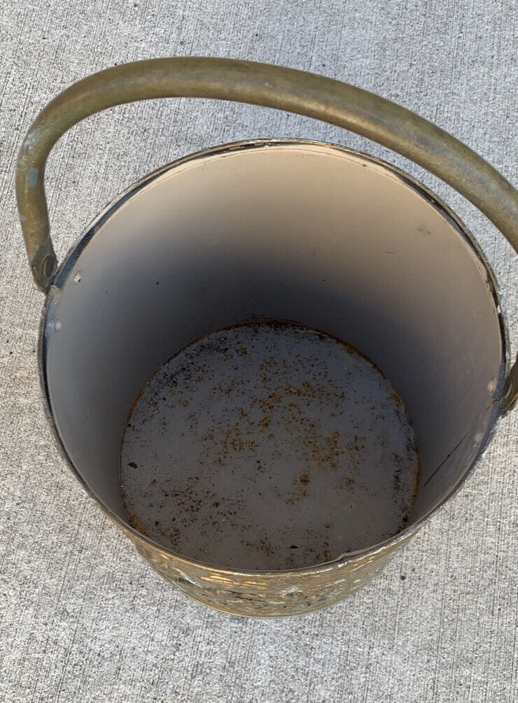 Vintage Pressed  Brass Medieval Bordello Scene Bucket Pail Hamper Plastic Lining