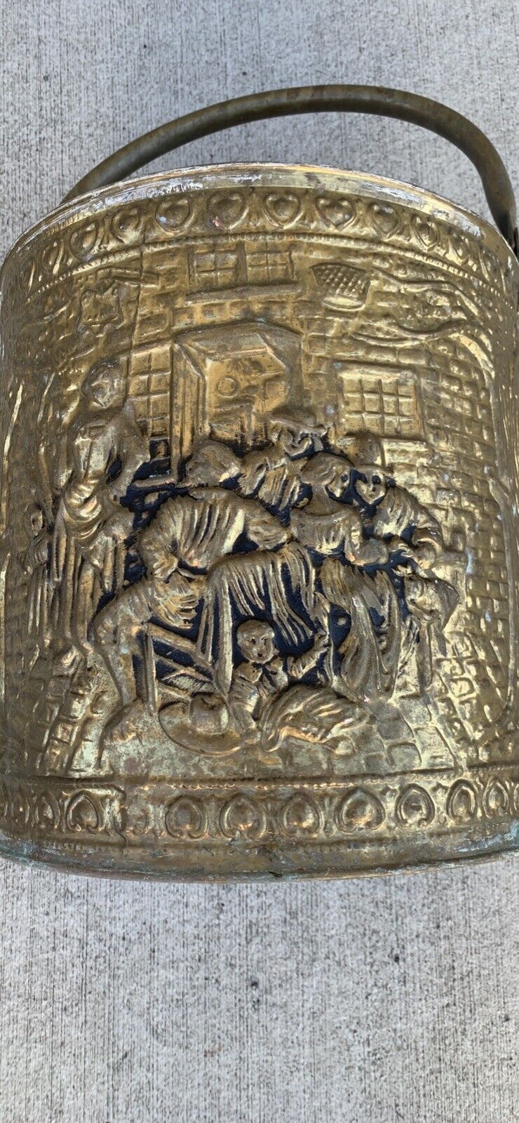 Vintage Pressed  Brass Medieval Bordello Scene Bucket Pail Hamper Plastic Lining