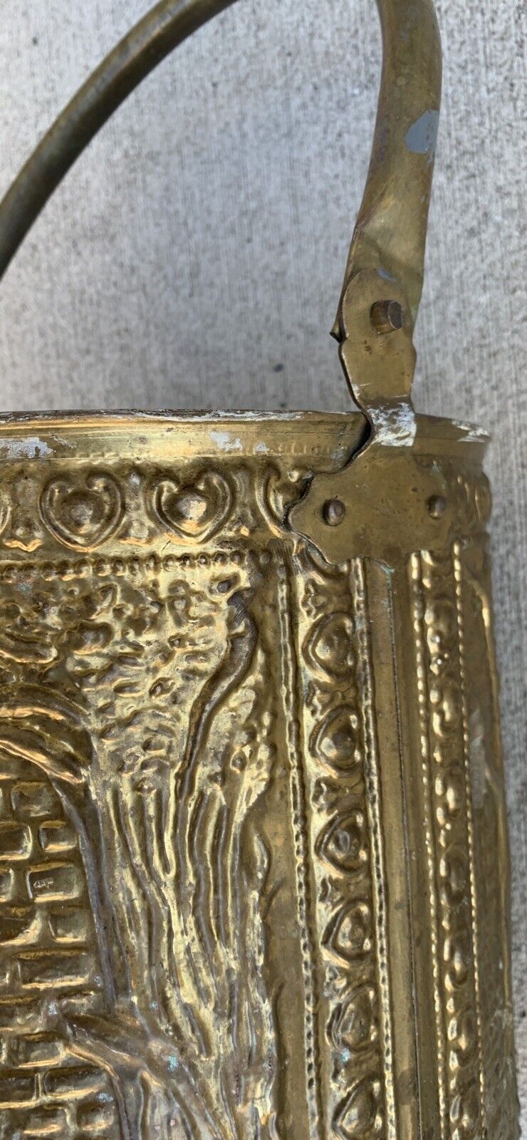 Vintage Pressed  Brass Medieval Bordello Scene Bucket Pail Hamper Plastic Lining