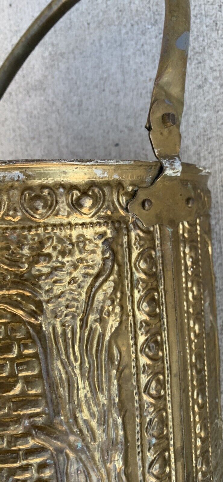 Vintage Pressed  Brass Medieval Bordello Scene Bucket Pail Hamper Plastic Lining