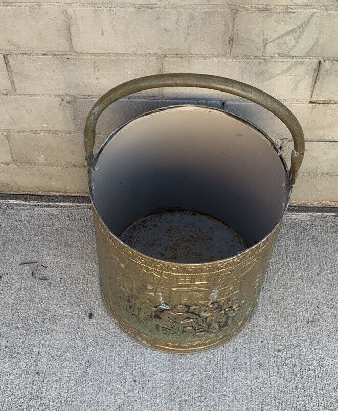 Vintage Pressed  Brass Medieval Bordello Scene Bucket Pail Hamper Plastic Lining