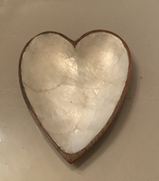Vintage MCM Wooden Heart Trinket Dish Hand Carved Bowl W Shell from Philippines