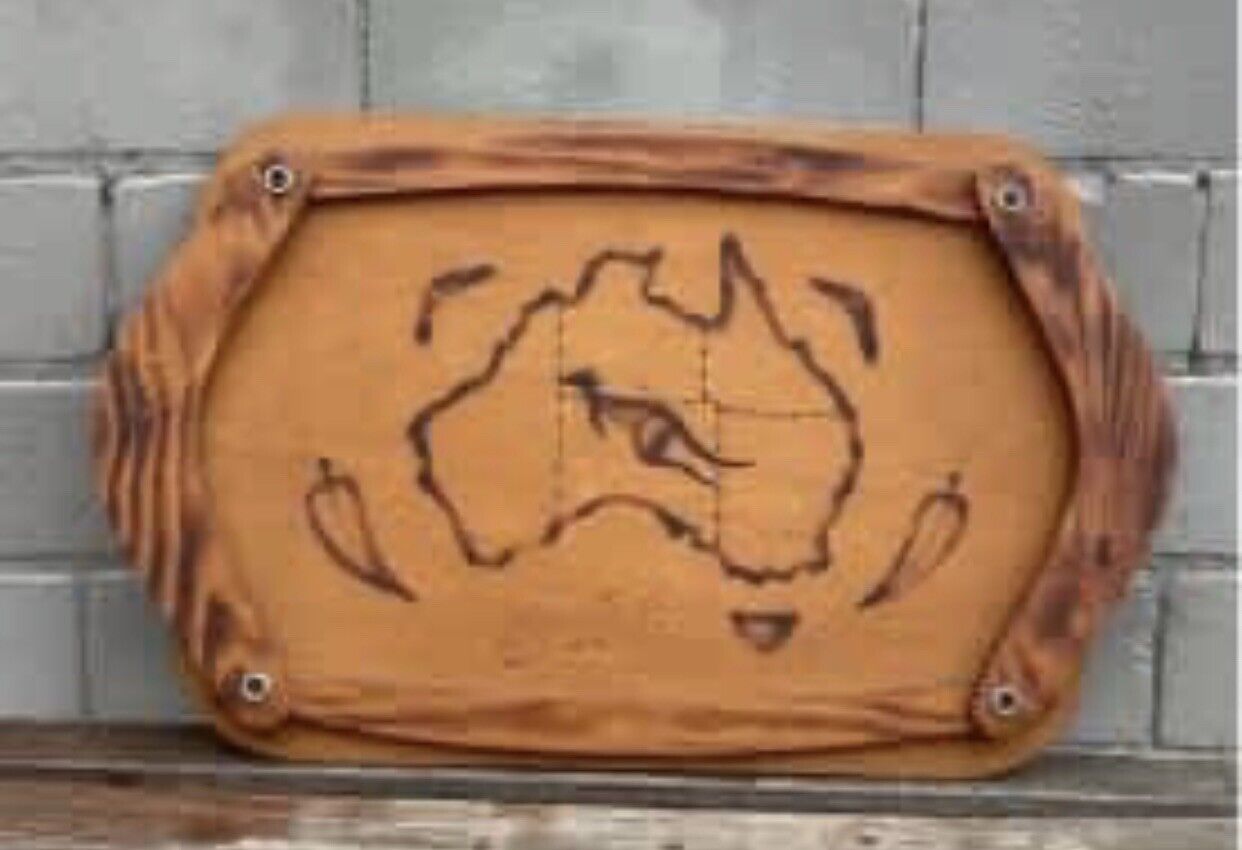 VINTAGE Wooden Tray AUSTRALIA Handmade Kangaroo Boomerang Arts & Crafts 1960s
