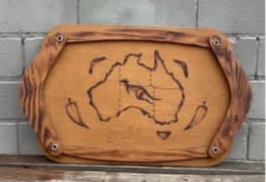 VINTAGE Wooden Tray AUSTRALIA Handmade Kangaroo Boomerang Arts & Crafts 1960s