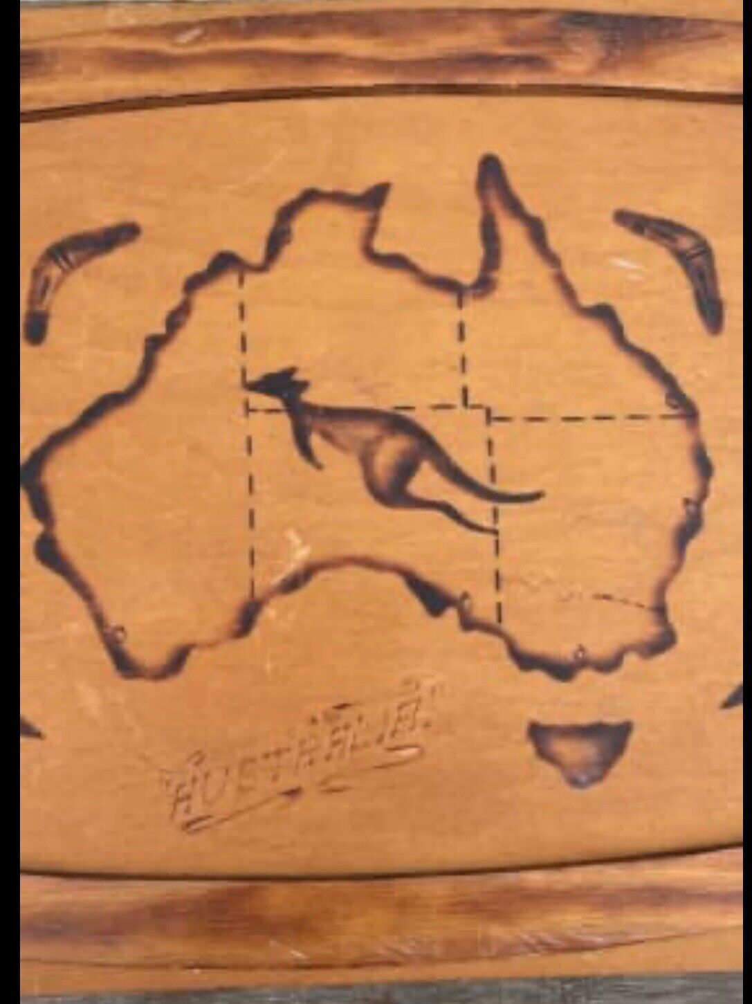 VINTAGE Wooden Tray AUSTRALIA Handmade Kangaroo Boomerang Arts & Crafts 1960s