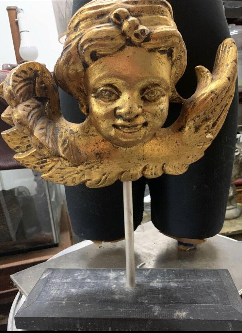 Hand Carved Wooden Angel Cupid GOLD Black Stand 38cm Decor Doorstop Paper Weight