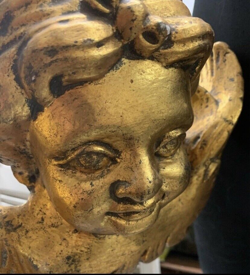 Hand Carved Wooden Angel Cupid GOLD Black Stand 38cm Decor Doorstop Paper Weight